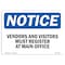 Signmission Sign, 10" H, 14" W, Plastic, NOTICE Vendors And Visitors Register At Main Office Sign, Landscape OS-NS-P-1014-L-16808 - alternate 1